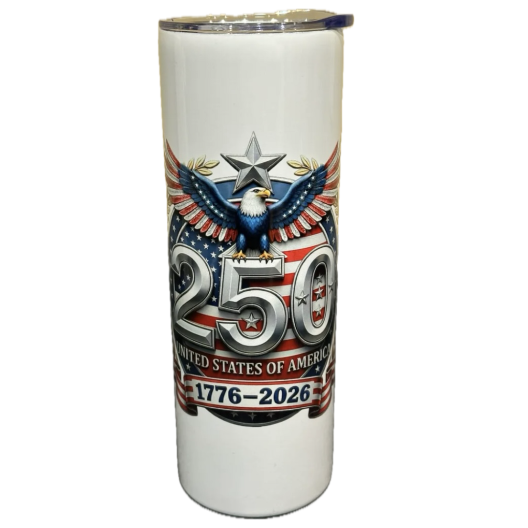reusable white patriotic red white and blue flag tumbler cup with 250 years USA anniversary 
