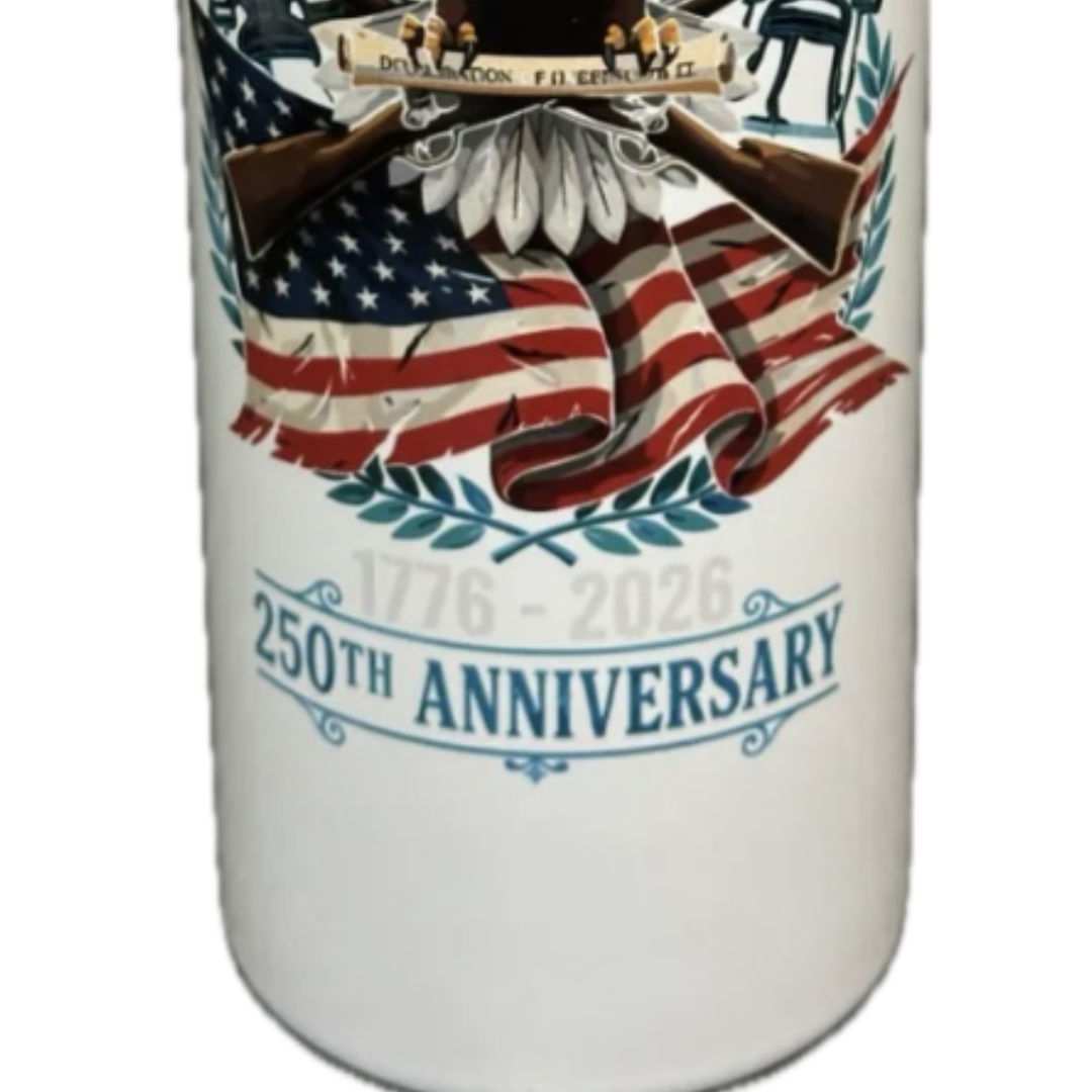 reusable white patriotic red white and blue flag tumbler cup with eagle and 250th USA anniversary, focus on years