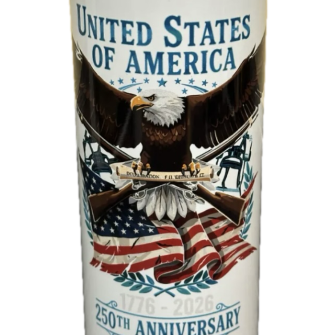 reusable white patriotic red white and blue flag tumbler cup with eagle and 250th USA anniversary, focus on eagle