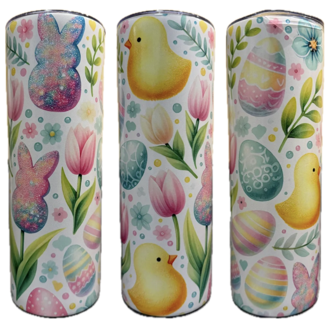 Easter tumbler with bunnies, eggs, chicks, and tulips on a white background.