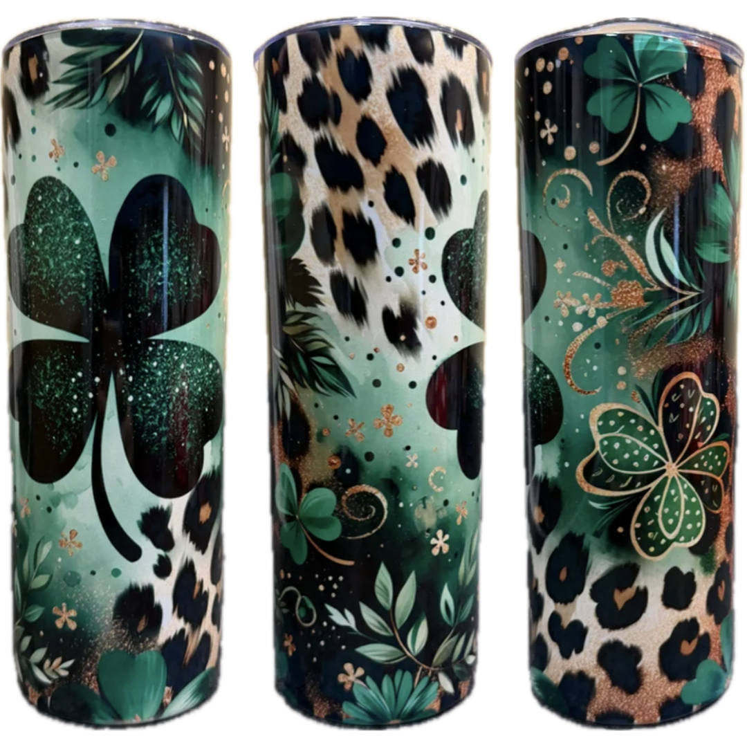 St Patrick's Day tumbler with shamrocks, floral and leopard print designs on a green background