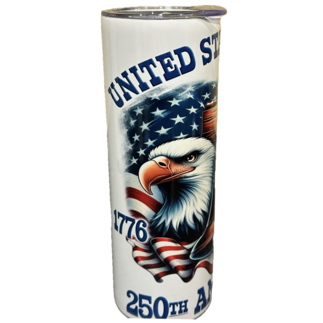 reusable white patriotic red white and blue flag tumbler cup with eagle, 1776 and 250th 
