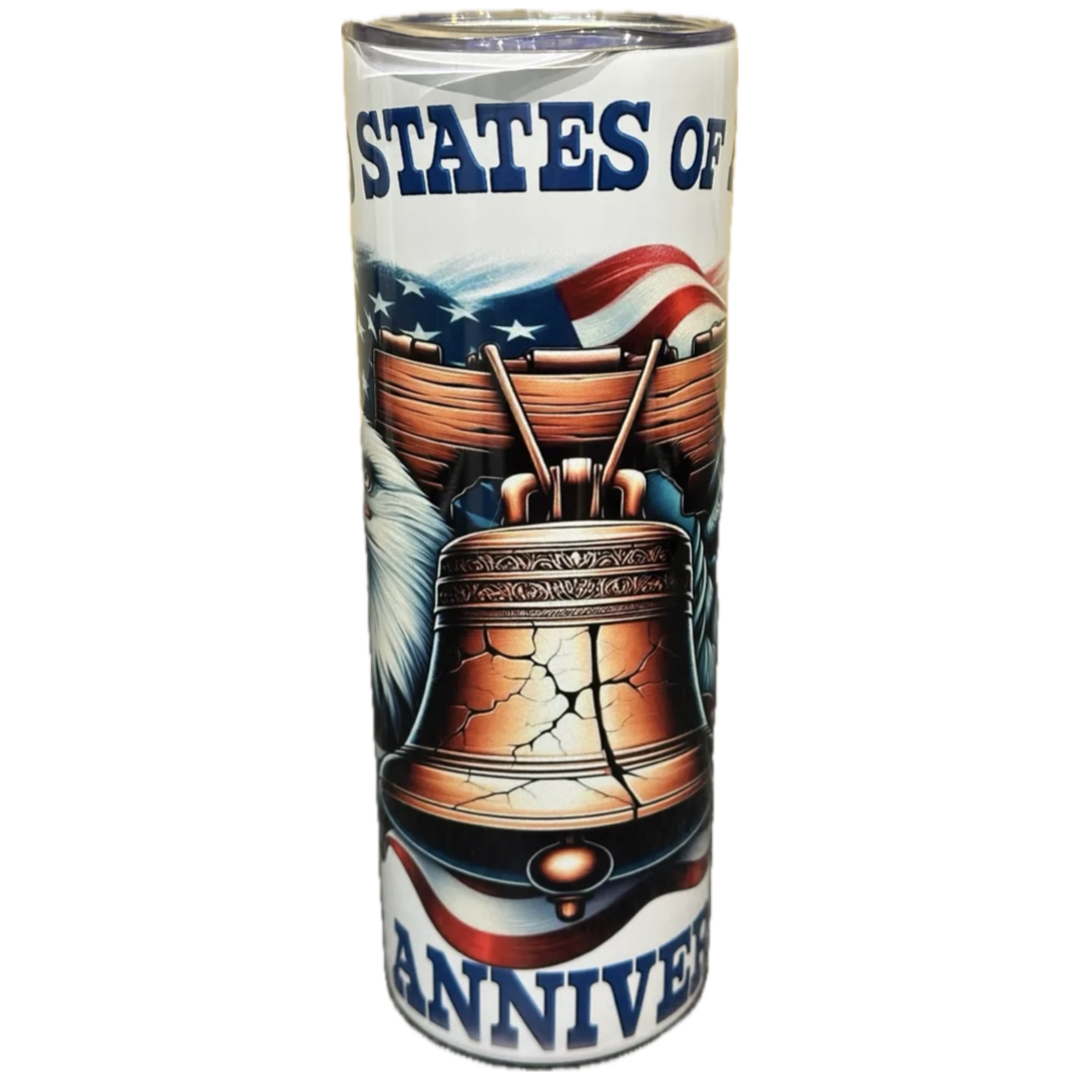 reusable white patriotic red white and blue flag tumbler cup with eagle, states and anniversary, focus on liberty bell 