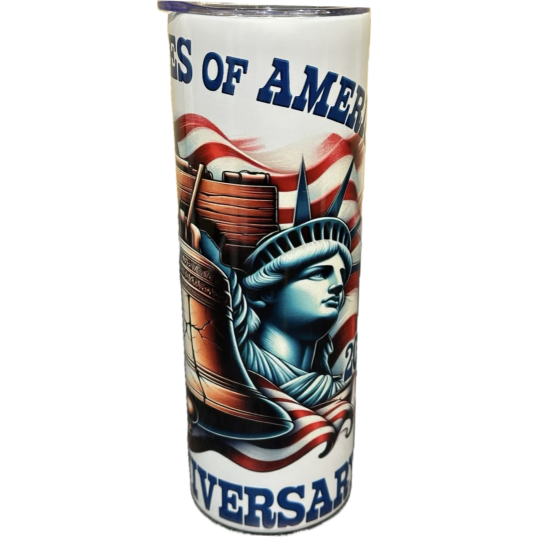 reusable white patriotic red white and blue flag tumbler cup with statue of liberty, liberty bell, america and anniversary, focus on statue of liberty 
