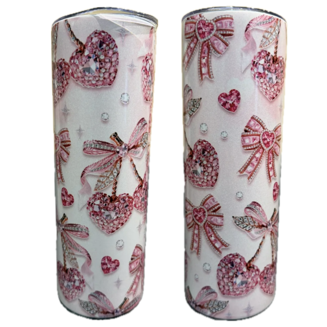 Valentine's Day Tumblers with pink heart, cherries, diamonds and bow patterns on a white background