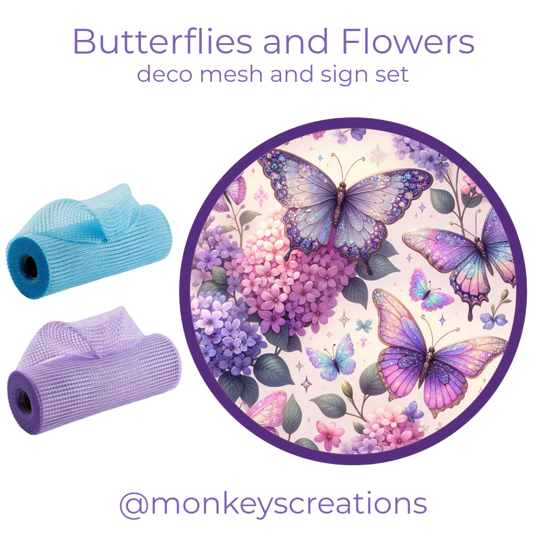 Butterflies and flowers deco mesh and sign set with blue and purple deco mesh and a butterflies and flowers metal wreath sign by Monkey's Creations. 