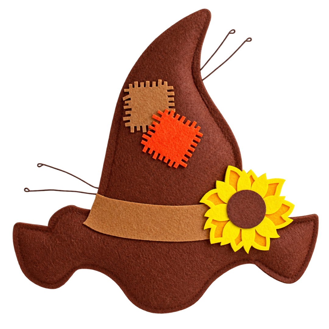 A 14" x 15" brown orange and yellow felt scarecrow hat with patches and a sunflower MPN HA4024