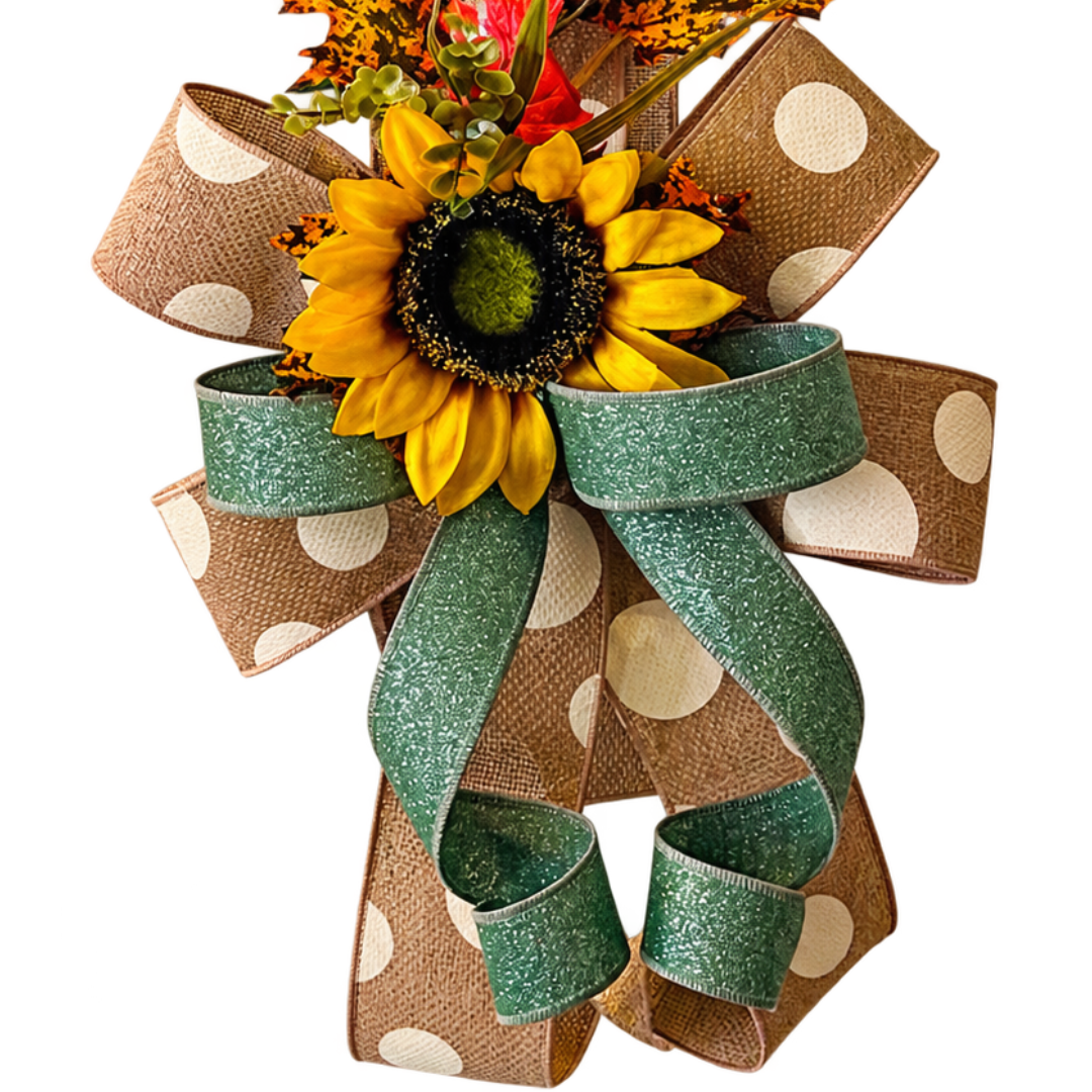 Double autumn themed over the door ribbon swag featuring natural and sage wired ribbon in various sizes with fall foliage and sunflowers by Monkey's Creations.