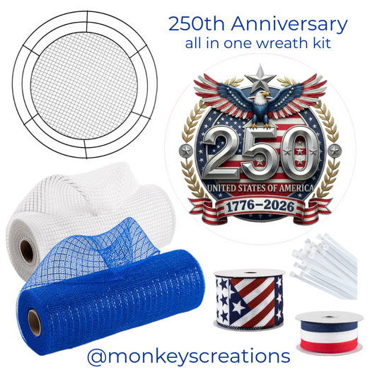 250th USA Anniversary wreath kit with mesh, wire frame, ribbon, zip ties and Monkey's Creations branding.