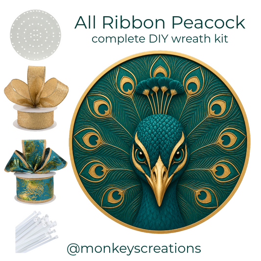 All Ribbon Peacock DIY wreath kit with peacock wreath sign and ribbon spools designed by Monkey's Creations