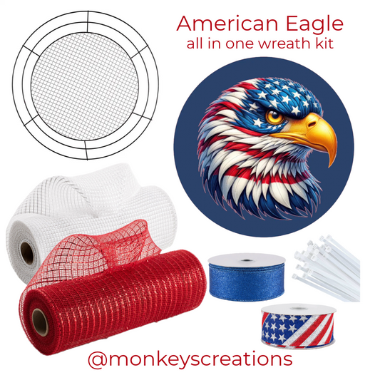 American Eagle wreath kit with mesh, wire frame, ribbon, zip ties and Monkey's Creations branding.