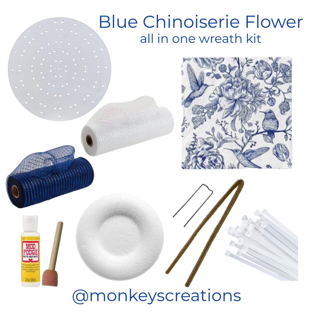blue chinoiserie diy flower center wreath kit by Monkey's Creations. 