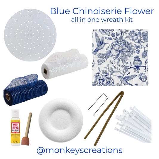 blue chinoiserie diy flower center wreath kit by Monkey's Creations. 