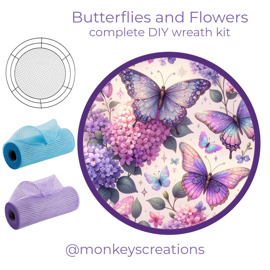 Butterflies and flowers complete DIY wreath kit with blue and purple deco mesh, a wreaths of joy work form and a butterflies and flowers metal wreath sign by Monkey's Creations. 