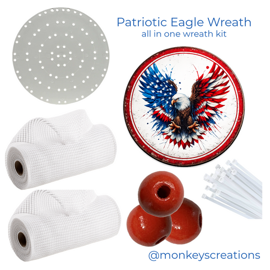 Patriotic USA flag eagle wreath kit with decorative elements and branding.