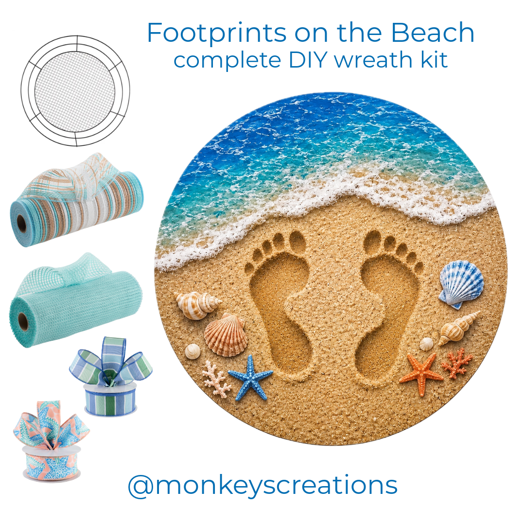 Complete diy wreath kit featuring deco mesh, ribbon, a wreaths of joy work form and a round metal wreath sign with seashells and footprints in the sand by Monkey's Creations. 