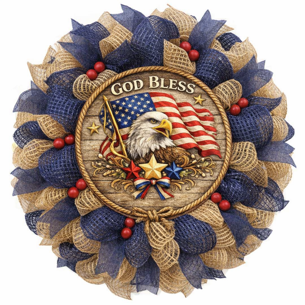 Decorative wreath with American flag, eagle, and 'God Bless' text 