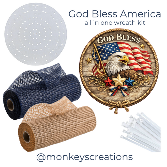 Patriotic USA flag eagle wreath kit with deco mesh zip ties and Monkey's Creations branding.