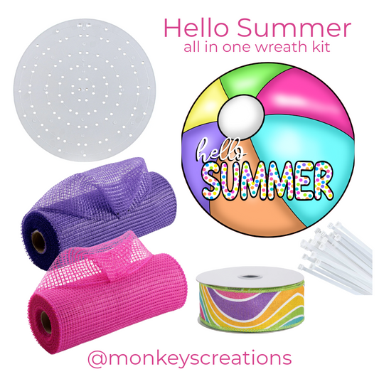 Hello Summer beach ball wreath kit with mesh, uitc wreath board, ribbon, zip ties and Monkey's Creations branding.
