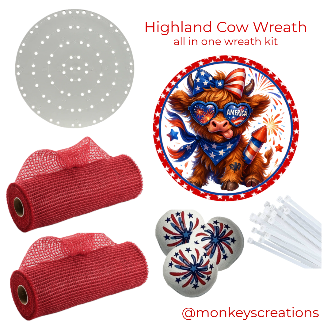 Highland cow and USA flag themed wreath kit supplies