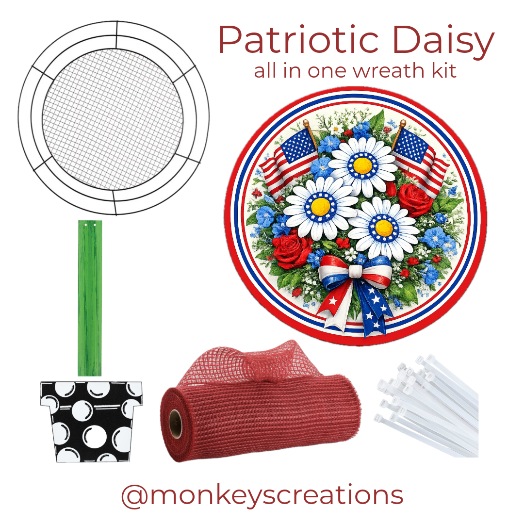 Patriotic daisy wreath kit designed by Monkey's Creations including a Wreaths of Joy wire frame, patriotic USA inspired flower center sign, polka dot flower pot with stem, white deco mesh, a bee and zip ties