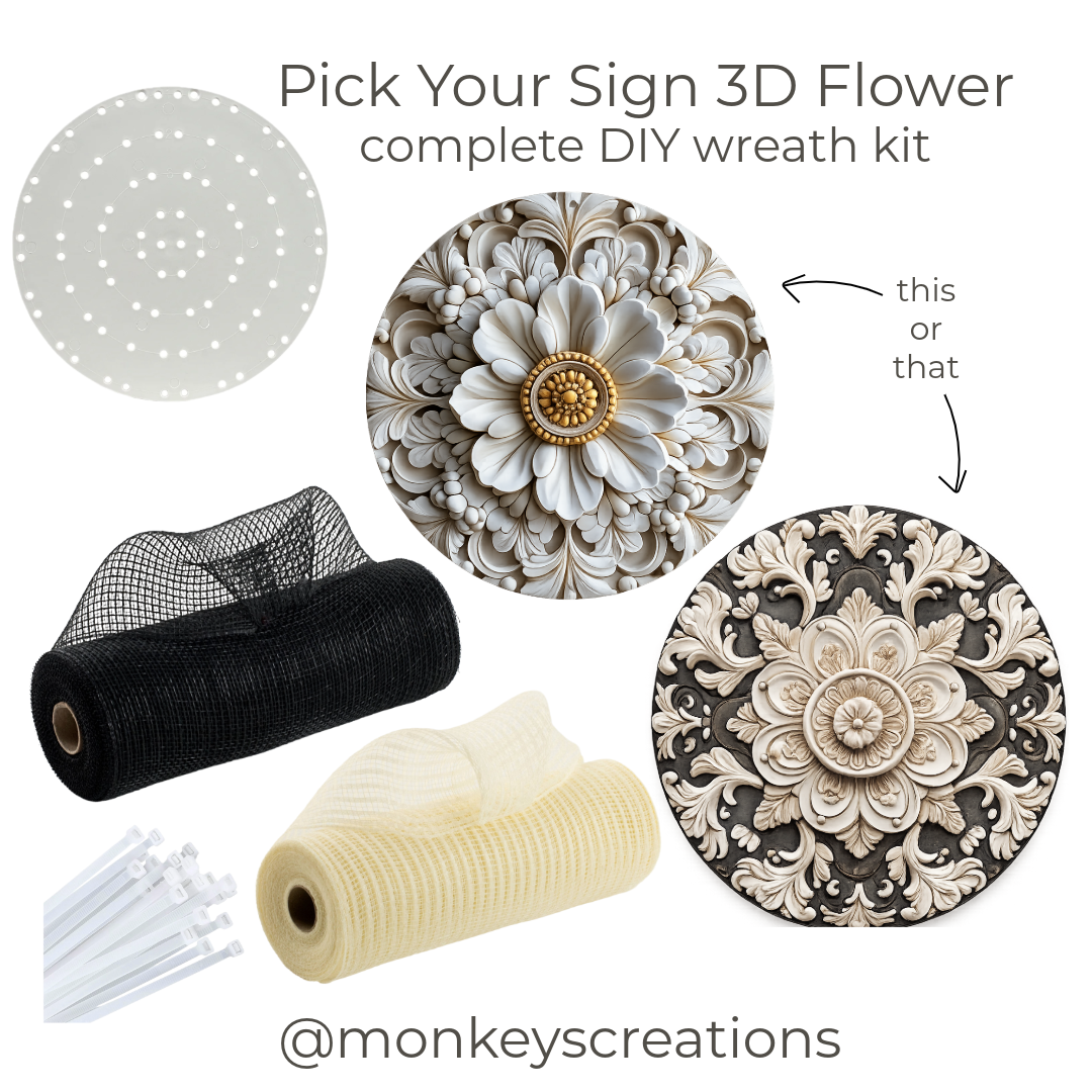 Flower wreath kit with black and white deco mesh, a UITC small board and zip ties with your choice of two ornate 3D floral design metal wreath signs