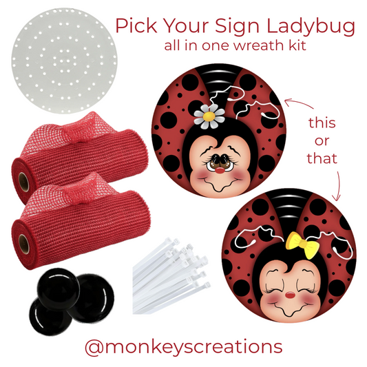 Ladybug wreath kit with black plastic dots, red deco mesh, zip ties, and 2 10" lady bug wreath signs by Monkey's Creations. 