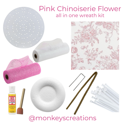 Pink chinoiserie diy flower center wreath kit by Monkey's Creations. 
