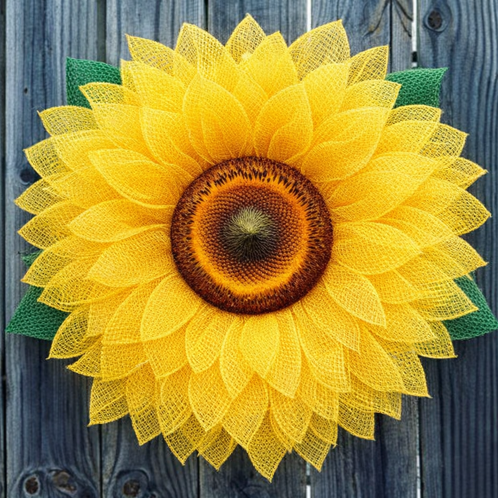 Decorative sunflower wreath with a realistic sunflower head in the center
