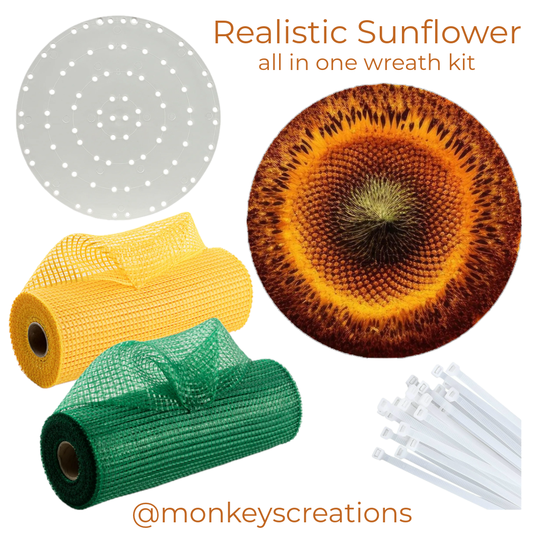Realistic sunflower wreath kit with deco mesh zip ties and Monkey's Creations branding.