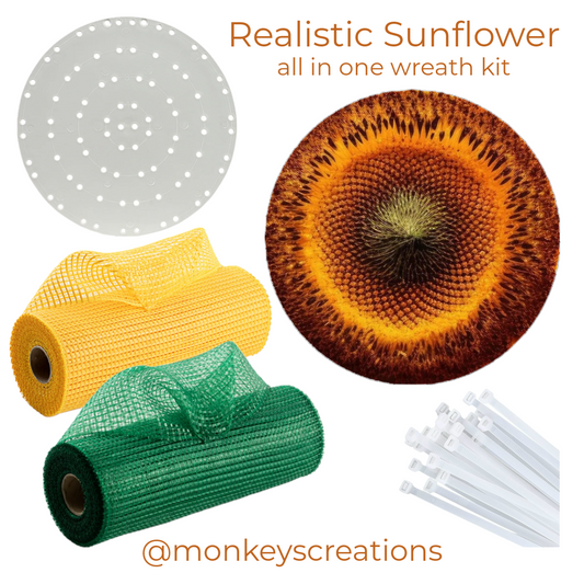 Realistic sunflower wreath kit with deco mesh zip ties and Monkey's Creations branding.