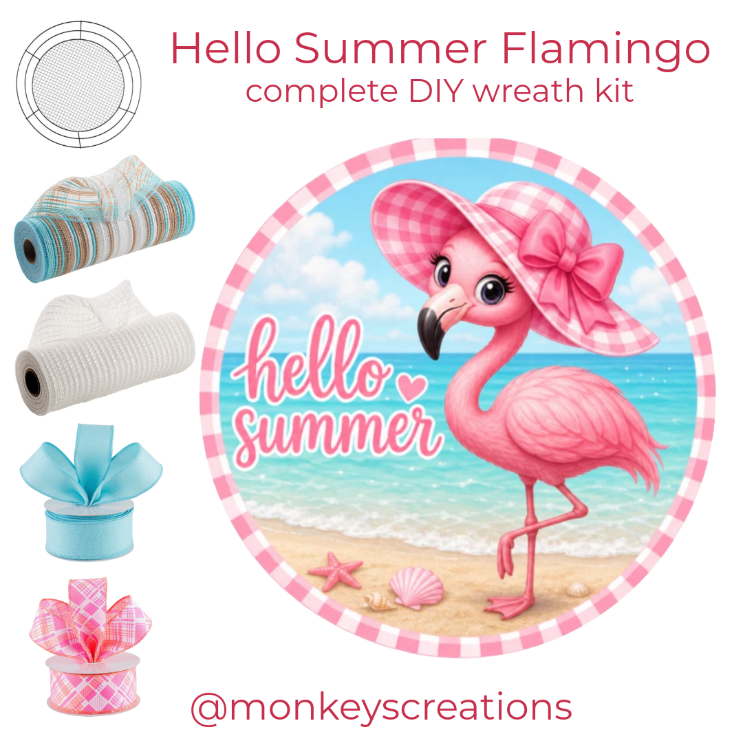 Hello Summer Flamingo DIY wreath kit with deco mesh, ribbon and a "hello summer" flamingo wreath sign by Monkey's Creations. 