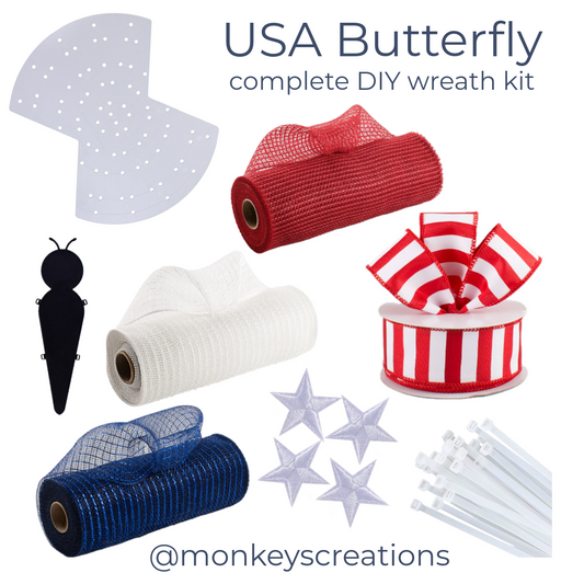 USA red white and blue deco mesh Butterfly complete DIY wreath kit with various materials designed by Monkey's Creations