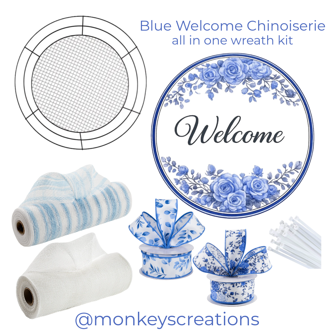 Blue Welcome Chinoiserie wreath kit with materials and @monkeyscreations branding