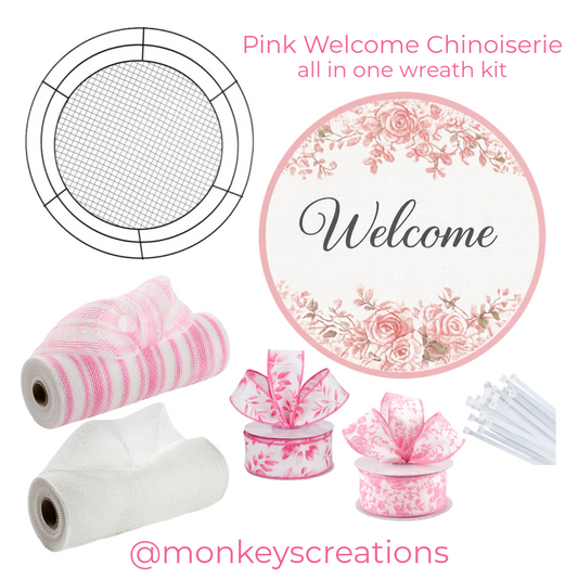 Pink Welcome Chinoiserie wreath kit with materials and @monkeyscreations branding