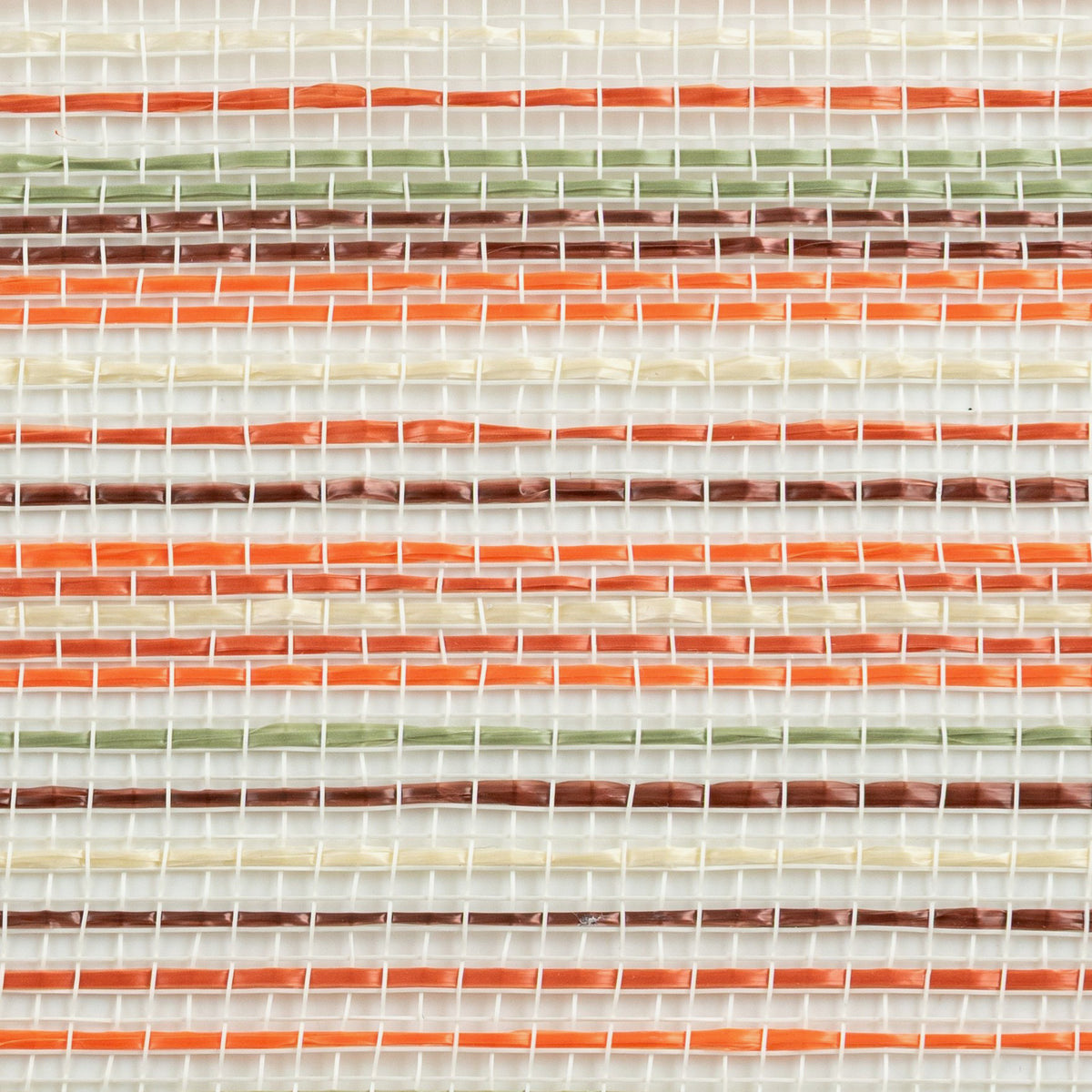 Close up of orange, sage green, brown, cream and tan vertical wide stripe striation deco mesh weave carried by Monkey's Creations. MPN - RE1369YE.