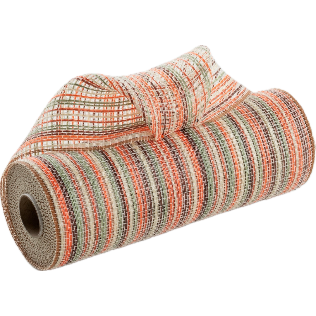 10" roll of orange, sage green, brown, cream and tan vertical wide stripe striation deco mesh carried by Monkey's Creations. MPN - RE1369YE.