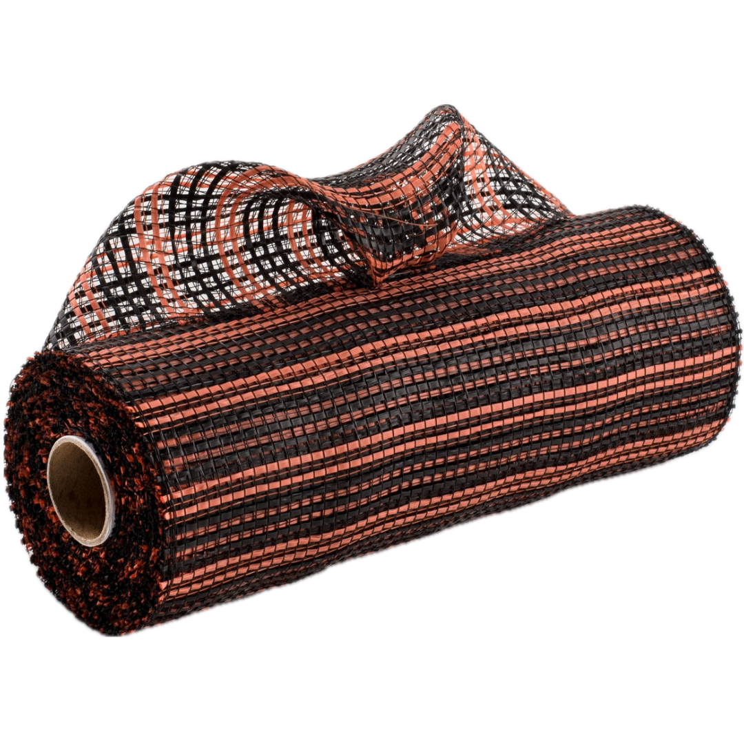 Roll of black and orange horizontal wide stripe deco mesh carried by Monkey's Creations - MPN RE8902E8.