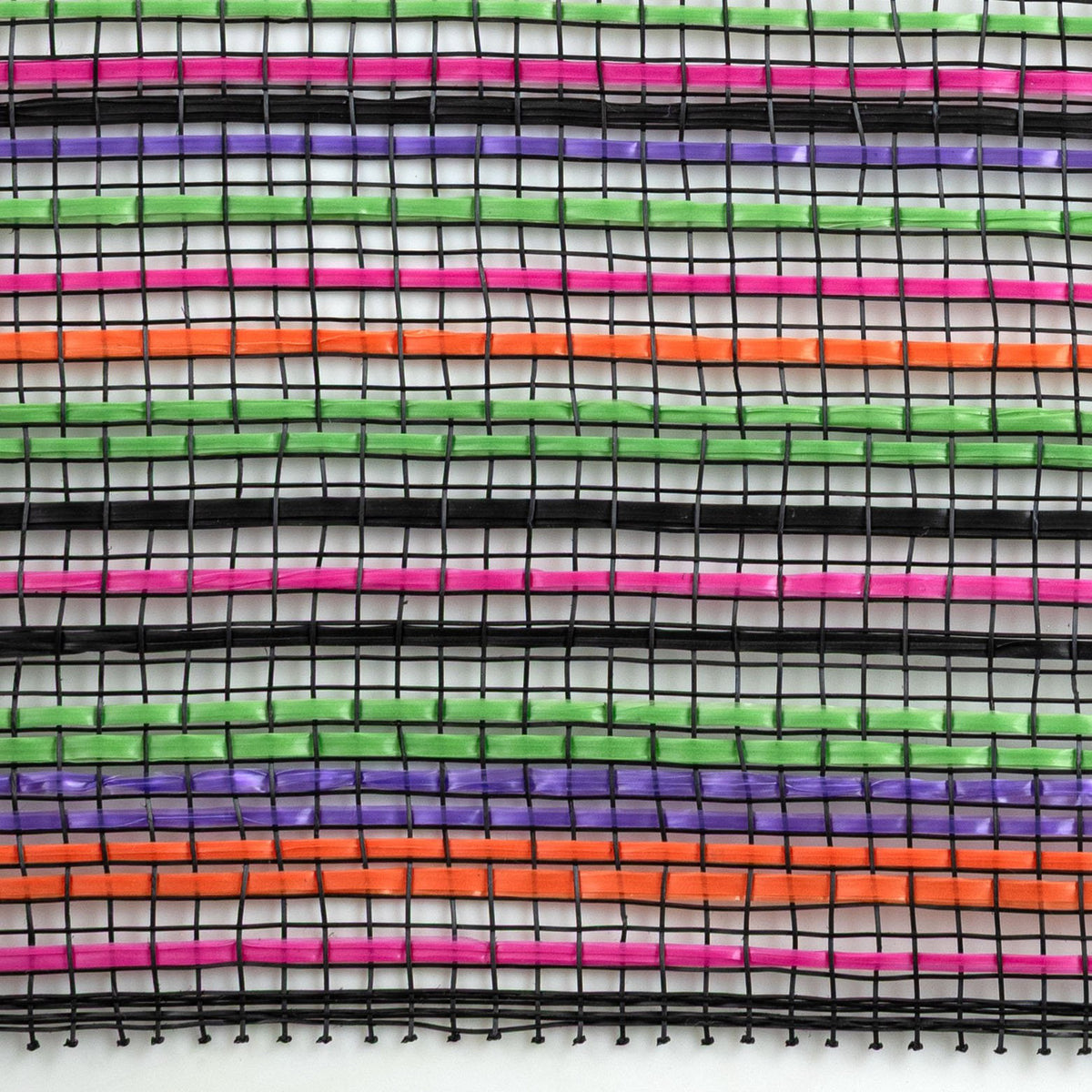 Close up of orange, black, purple, lime green and lavender vertical wide stripe striation deco mesh weave carried by Monkey's Creations. MPN - RE1369YM