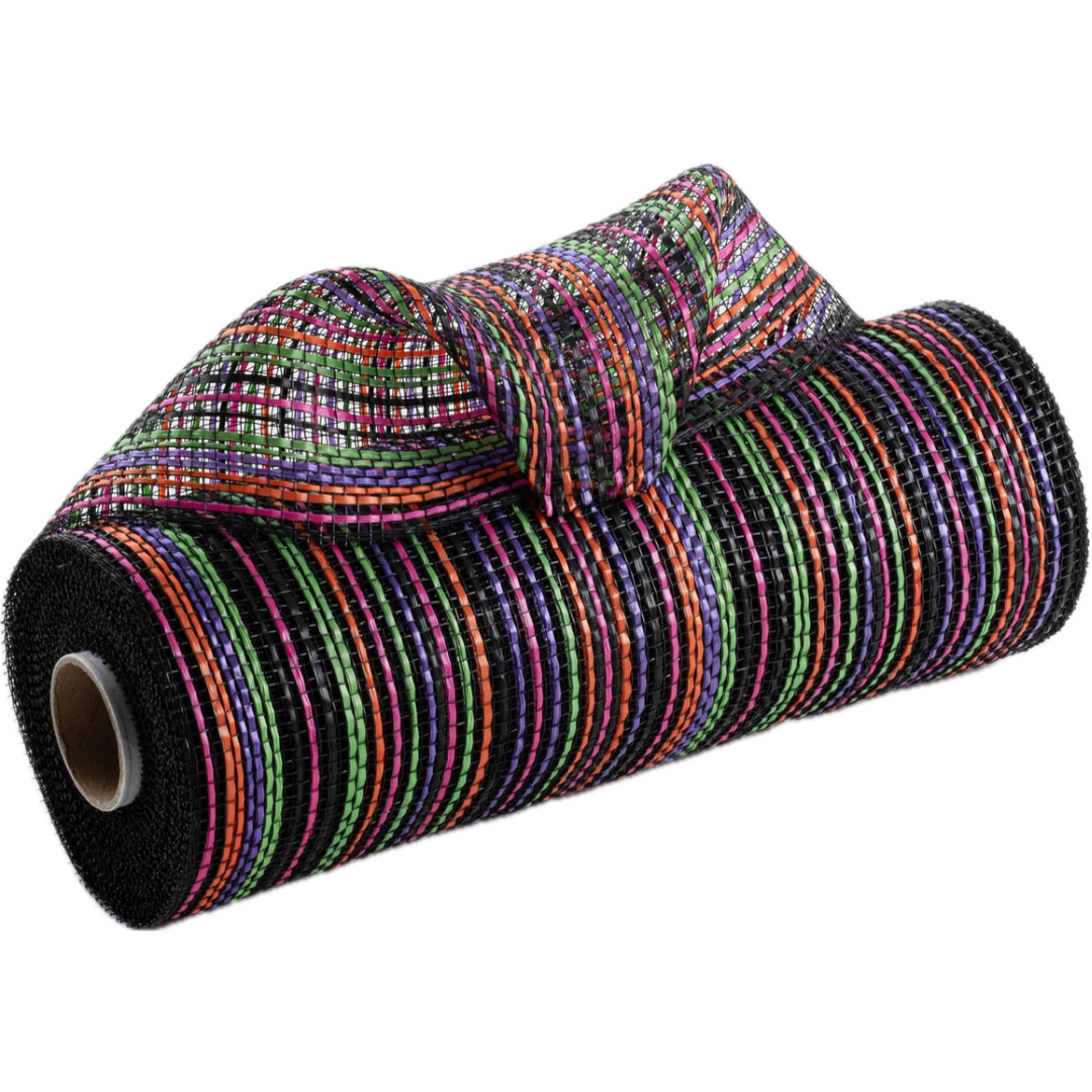 10" roll of orange, black, purple, lime green and lavender vertical wide stripe striation deco mesh carried by Monkey's Creations. MPN - RE1369YM.
