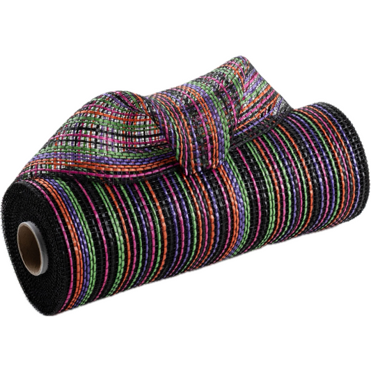 10" roll of orange, black, purple, lime green and lavender vertical wide stripe striation deco mesh carried by Monkey's Creations. MPN - RE1369YM.