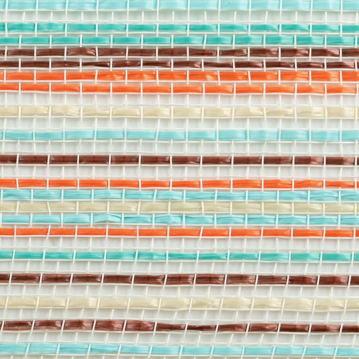 Close up of teal, turquoise, brown, orange and creme vertical wide stripe striation deco mesh weave carried by Monkey's Creations. MPN - RE1369YF.