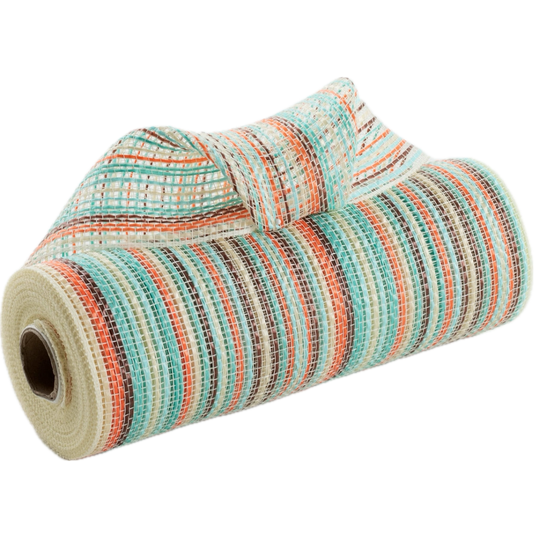 10" roll of teal, turquoise, brown, orange and creme vertical wide stripe striation deco mesh carried by Monkey's Creations. MPN - RE1369YF.