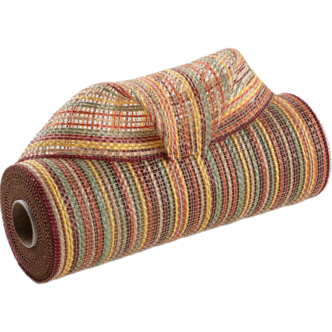 Roll of striation style natural, yellow, orange and sage "fall harvest" vertical wide stripe deco mesh carried by Monkey's Creations - MPN RE1369YJ
