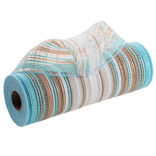 Roll of ombre style blue, natural and white "footprints on the beach" deco mesh