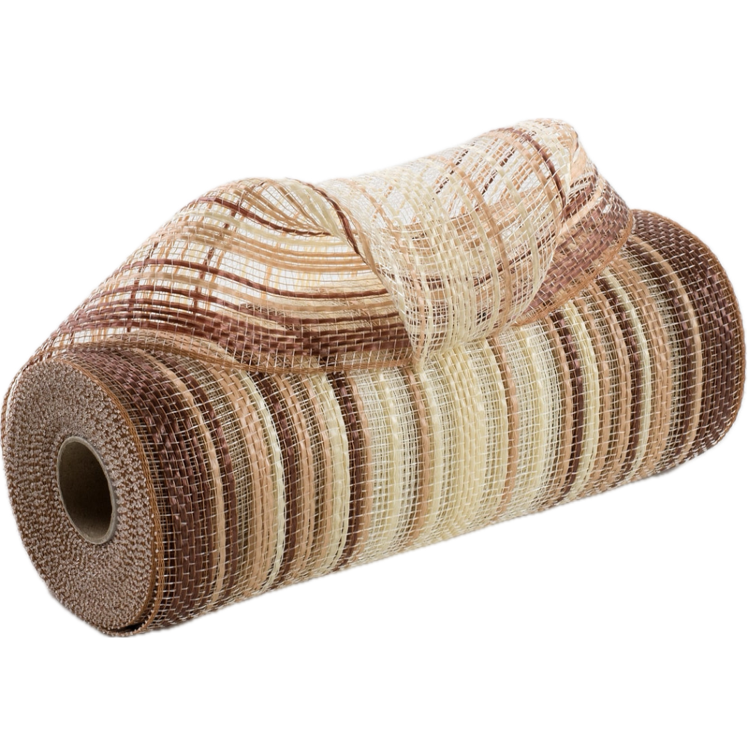 Roll of ombre style chocolate brown, caramel and ivory vertical wide stripe deco mesh