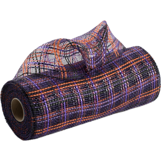 10" roll of orange, black and purple plaid vertical wide stripe foil deco mesh carried by Monkey's Creations. MPN - RE1368F2.
