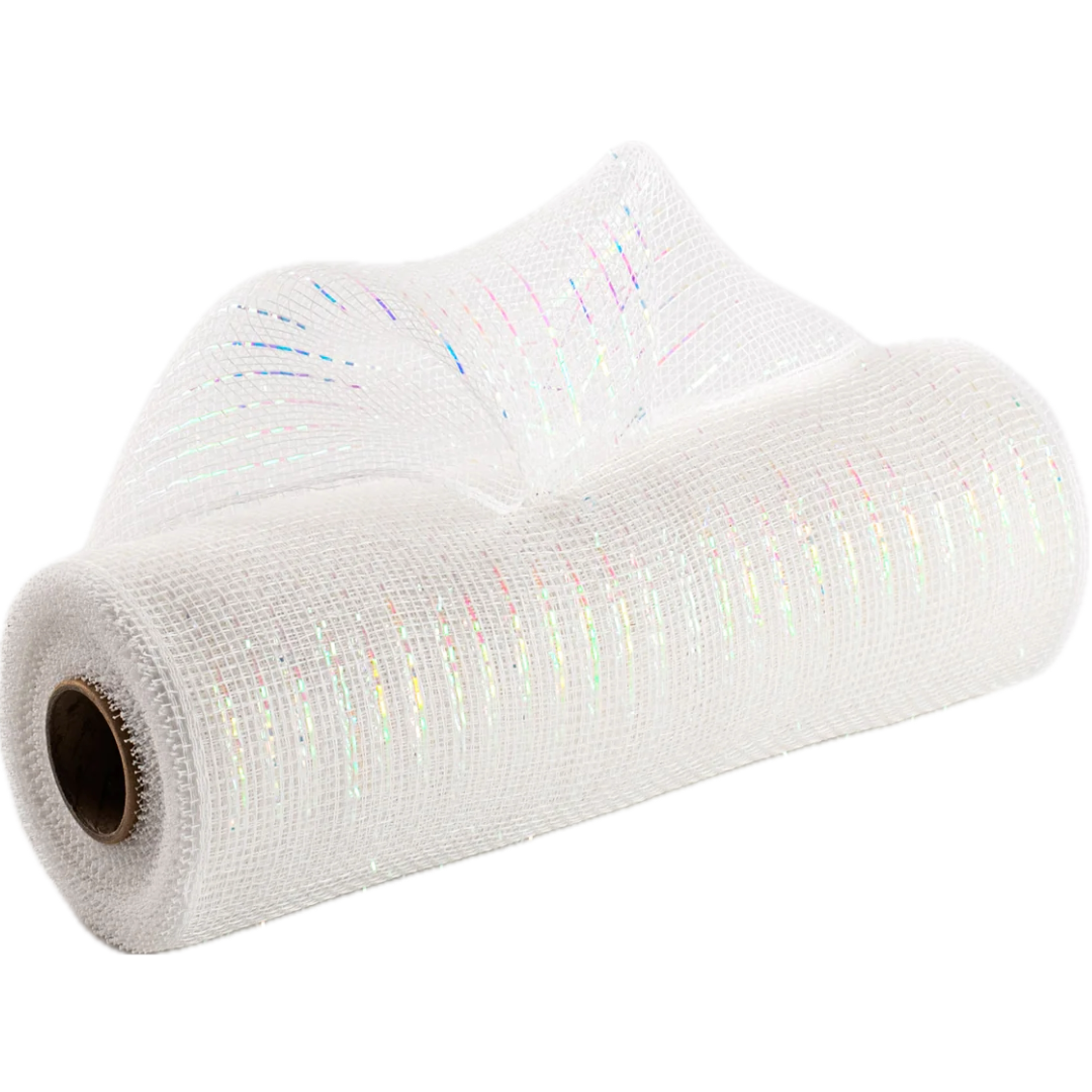 Roll of white poly deco mesh, iridescent white.