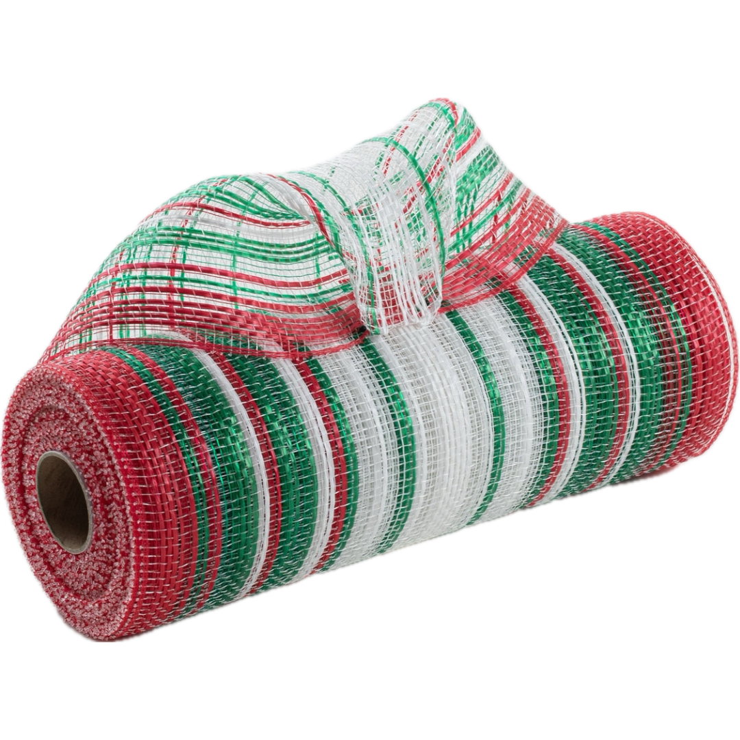 Roll of ombre style red, green and white vertical wide stripe deco mesh