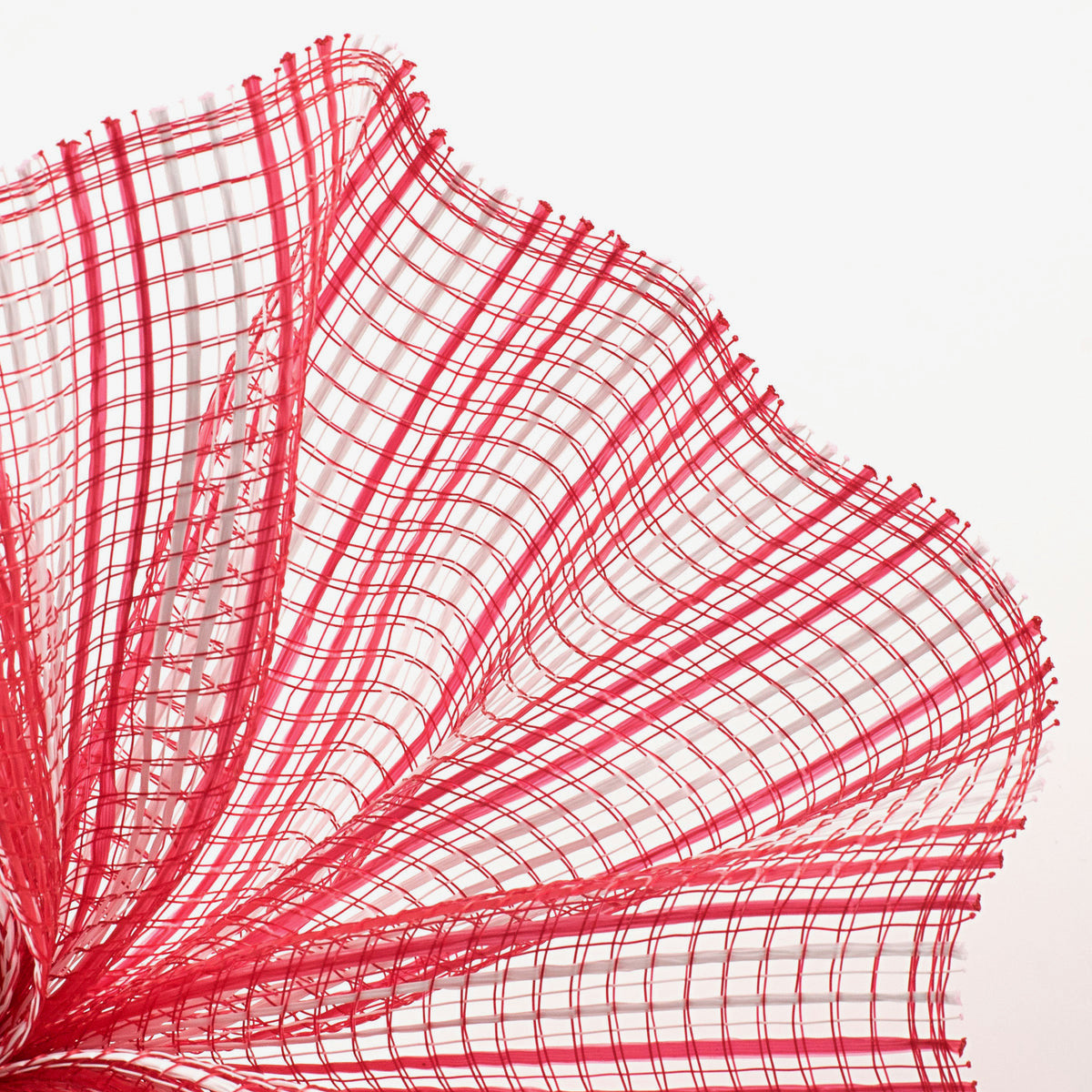 Close up of red and white horizontal wide stripe deco mesh weave carried by Monkey's Creations - MPN RE8902N5.